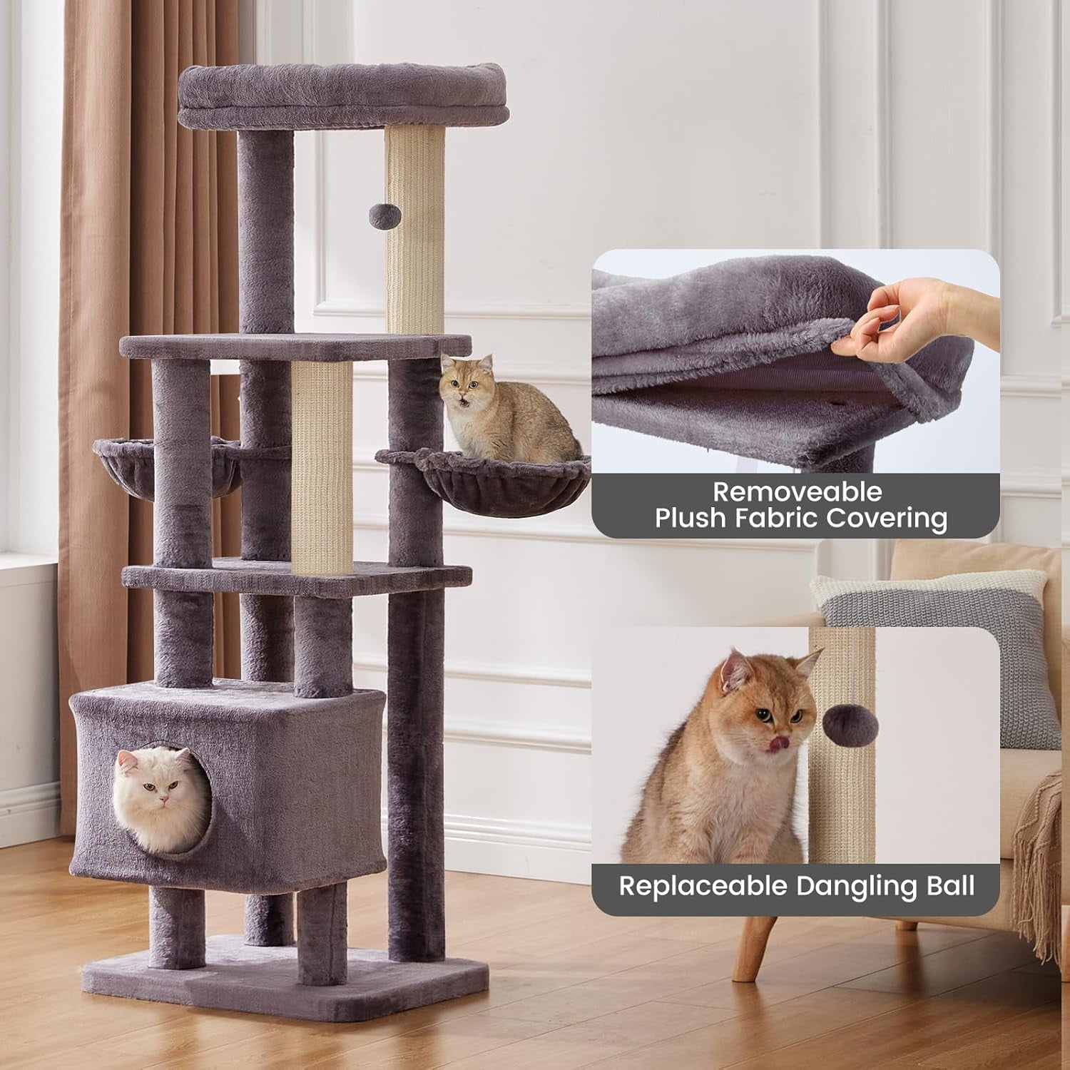 Nomipaw Cat Tree 65”, 6-level & Heavy Duty Cat Tower with Φ3.23in Posts, 2x Natural Sisal Scratching Posts(Replaceable), 2x Hammock, Condo and Washable Top Perches, For Indoor Cats, Gray
