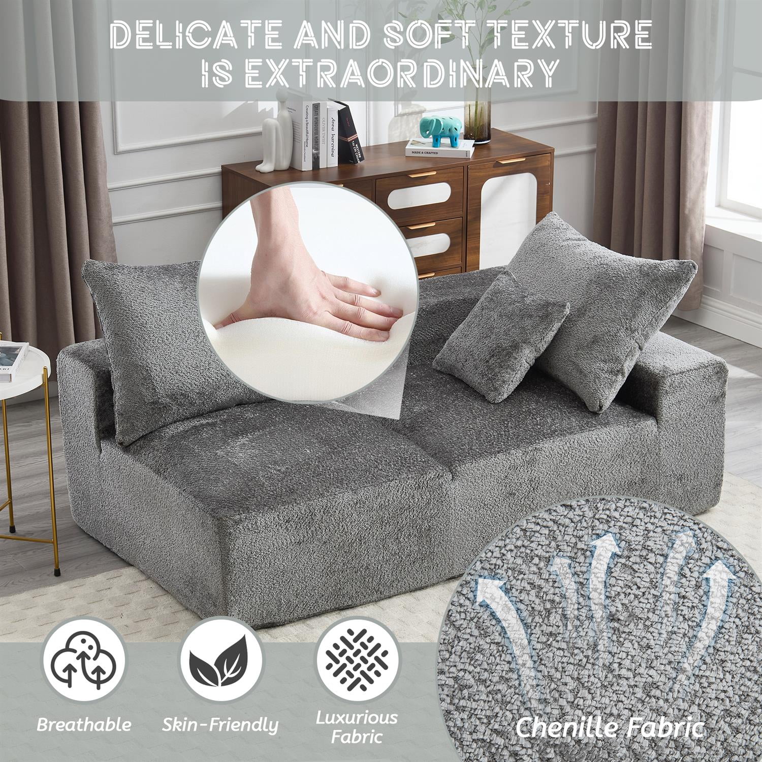 Demi Bonn 67" Premium Fabric Sofa, Cozy 2-Person Couch for Living Room and Office, Comfort Style Lazy Leisure Seat, Gray