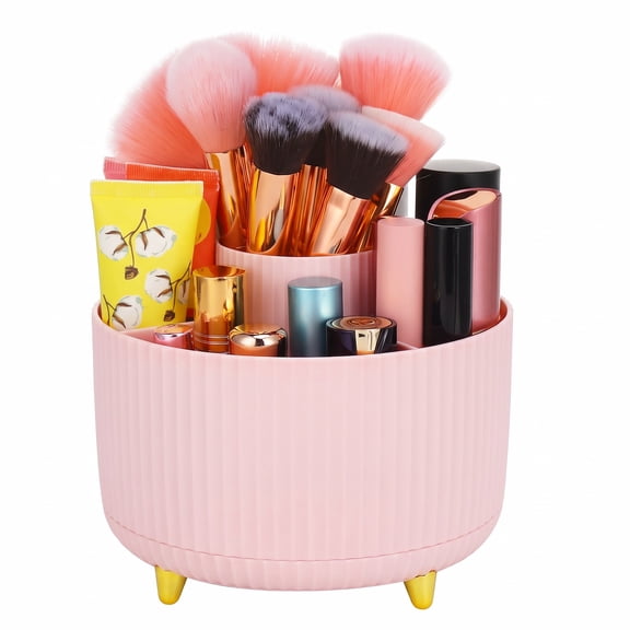 Abaima Makeup Brush Holder Organizer, 360 Degree Rotating Brush Holder, Eye Shadow Brush Lipstick Case, Cosmetic Storage, 5 Slot Makeup Brushes Cup Tray for Bathroom, Desk Storage(Pink)