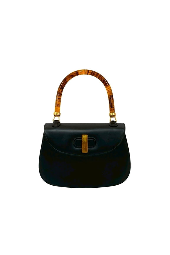 Pre-Owned GUCCI Old Gucci Turnlock Calf Leather Handbag Tote Bag Black 41018