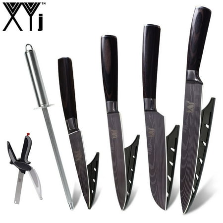 XYj 7Cr17 Stainless Steel Kitchen Knife Beauty Pattern Blade Best Cooking Knife+ Kitchen Scissor Sharpener