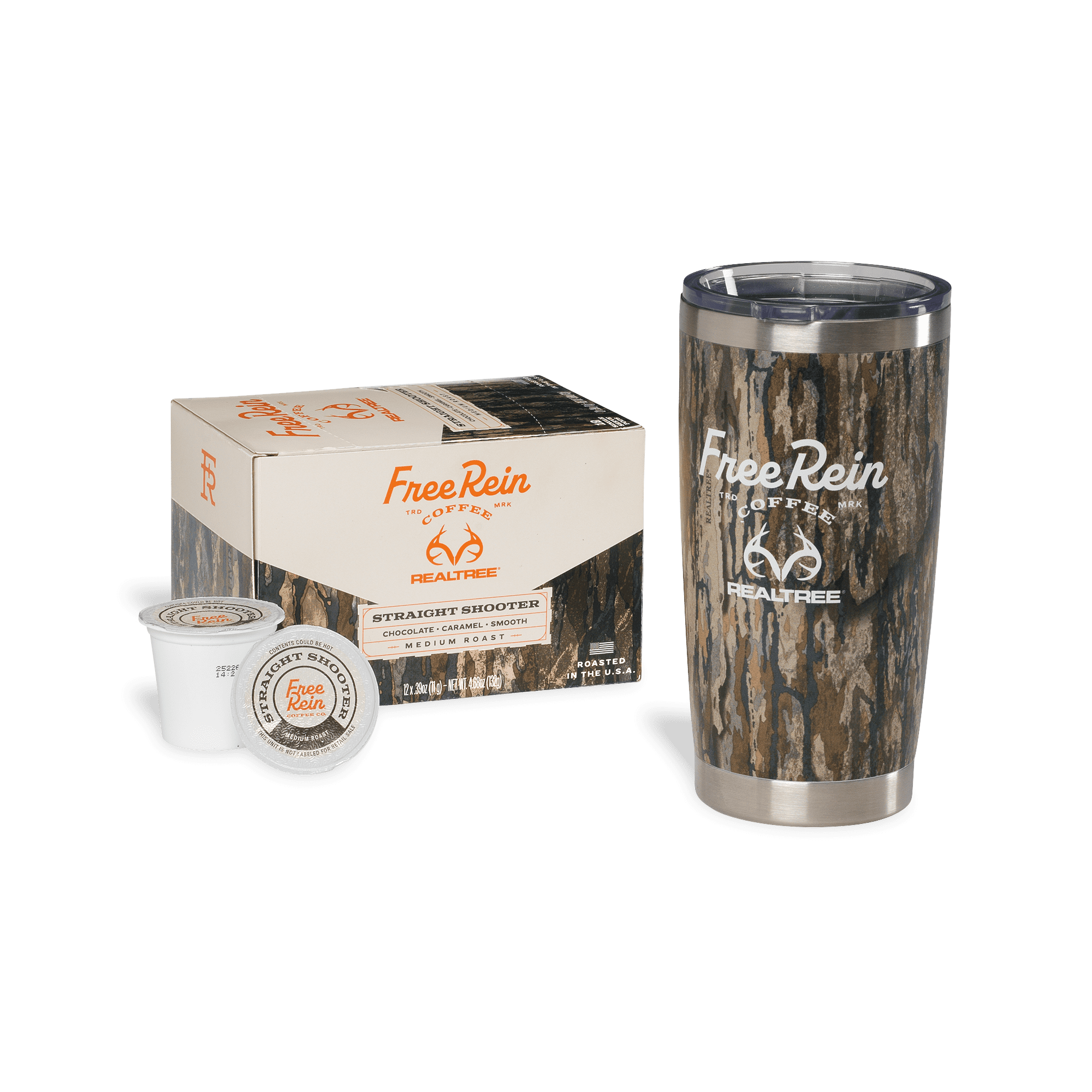 Free Rein x Realtree Daybreak Coffee Kit Featuring Straight Shooter 100% Arabica Medium Roast Coffee Pods 12ct and 20oz Insulated Tumbler