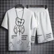 thumbnail image 2 of Conjunto de chándal y pantalones cortos para hombre, chándal con capucha y estampado de gofres en negro, dos piezas, camiseta y pantalones cortos, estilo coreano 2024, atuendo elegante, 2 of 4