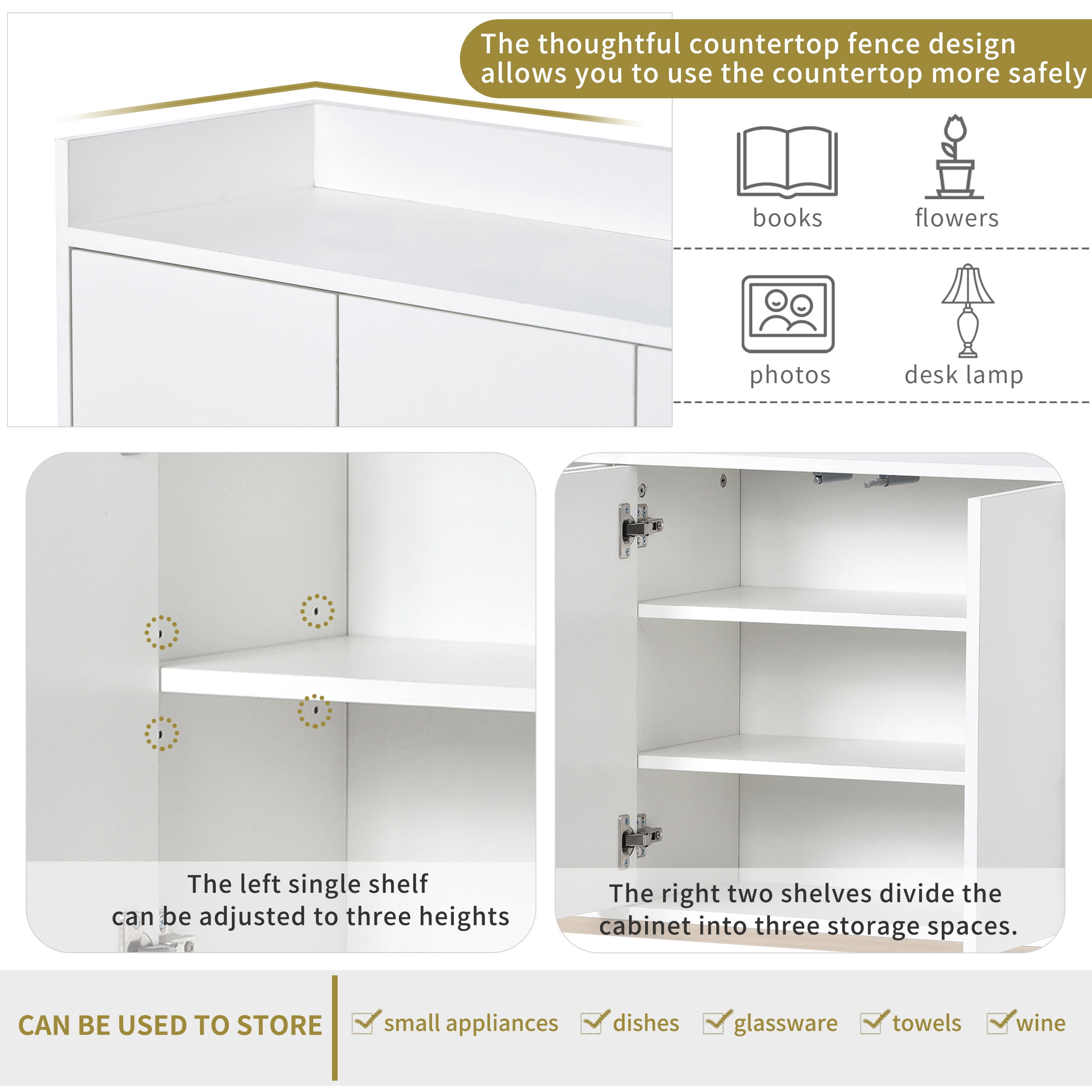EUROCO 47.2'' Modern Sideboard Storage Buffet Cabinet, Particle Board Buffet Cabinet with 4 Doors, Adjustable Shelves and Gold Metal Legs for Dining Room, Entryway, White