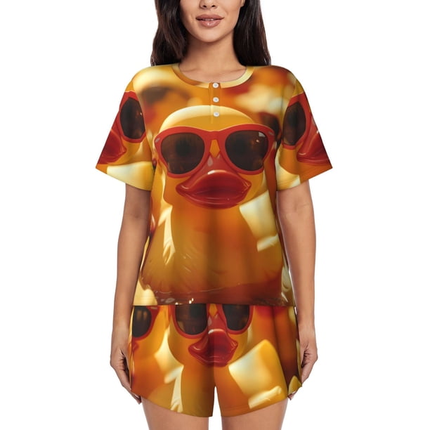 Balery Sunglasses Yellow Duck Conjunto de Pijama para Mujer con Estampado, Dos Piezas de Manga Corta y Shorts, Ropa de Dormir Suave con Cuello Redondo y Bolsillos-Small