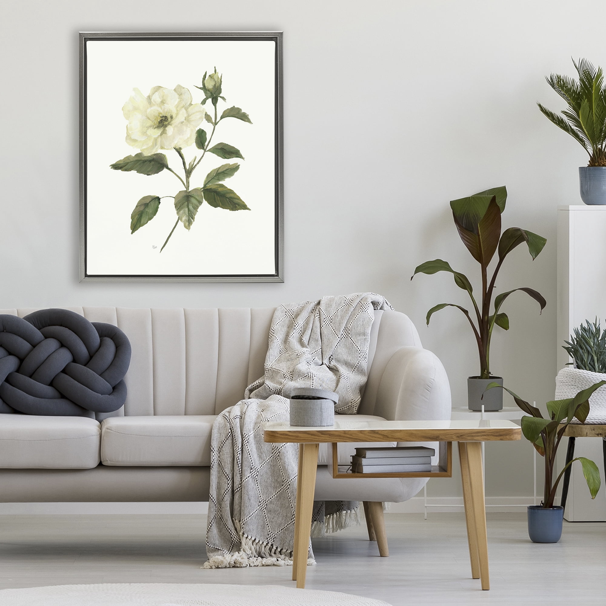 Stupell Industries Ivory Rose Bloom With Green Foliage Gray Framed Floater Canvas Wall Art, design by Nan