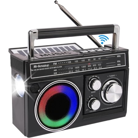 M-Amazup portable AM/FM radio, Retro portable radio with Bluetooth speaker and flashlight, Strong reception, Equipped with colorful ambient lighting, Supports TF cards, Solar/battery/AC charging,