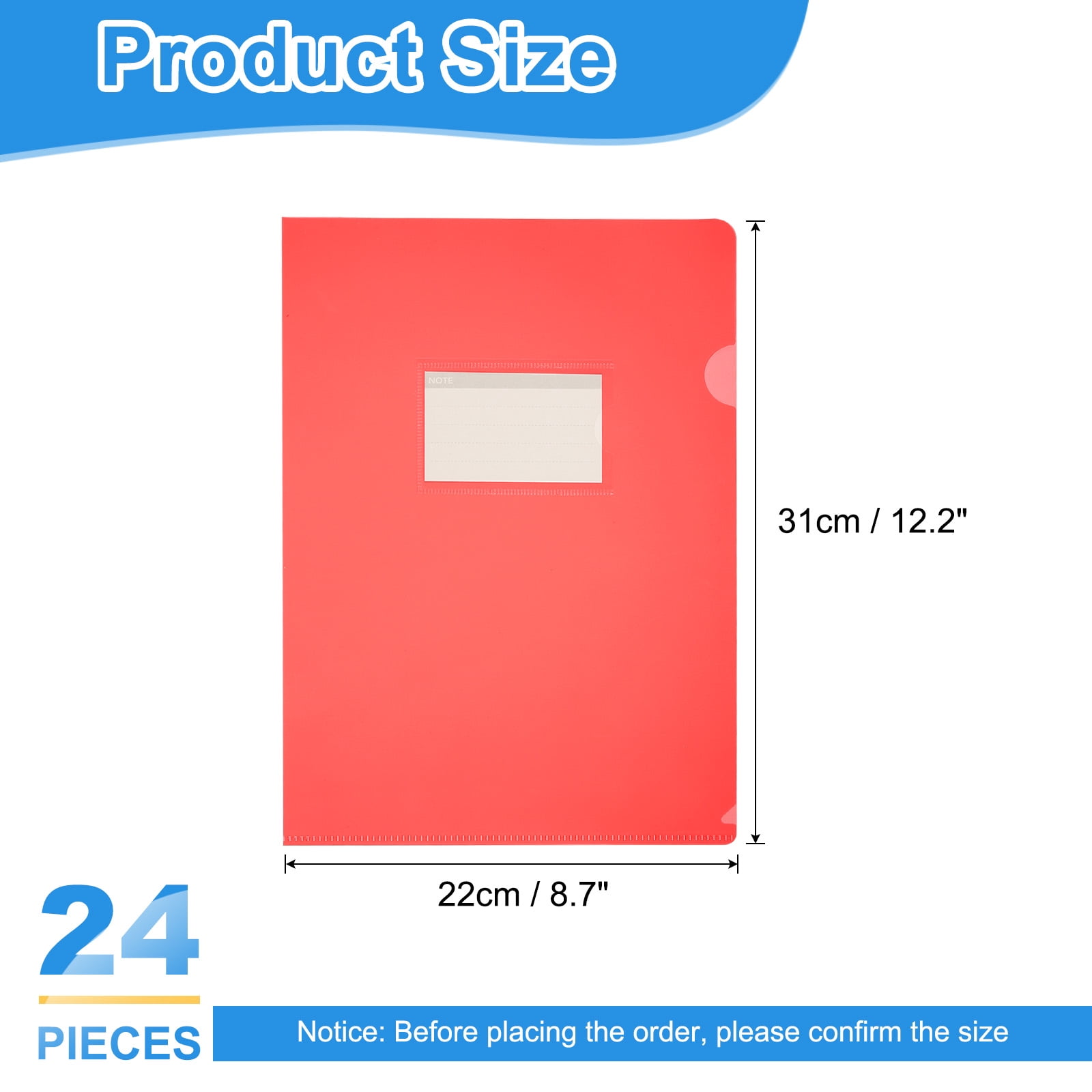 Uxcell 24 Pack L-Type Plastic Folders, Letter Size Clear Folders for Documents with Pocket, Red