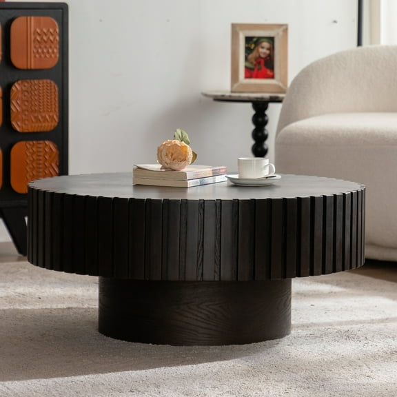 Miekor Furniture Round Coffee Table Handcrafted Relief Sturdy Pedestal Wooden Olive-Shaped Tea Table for Living Room 98185