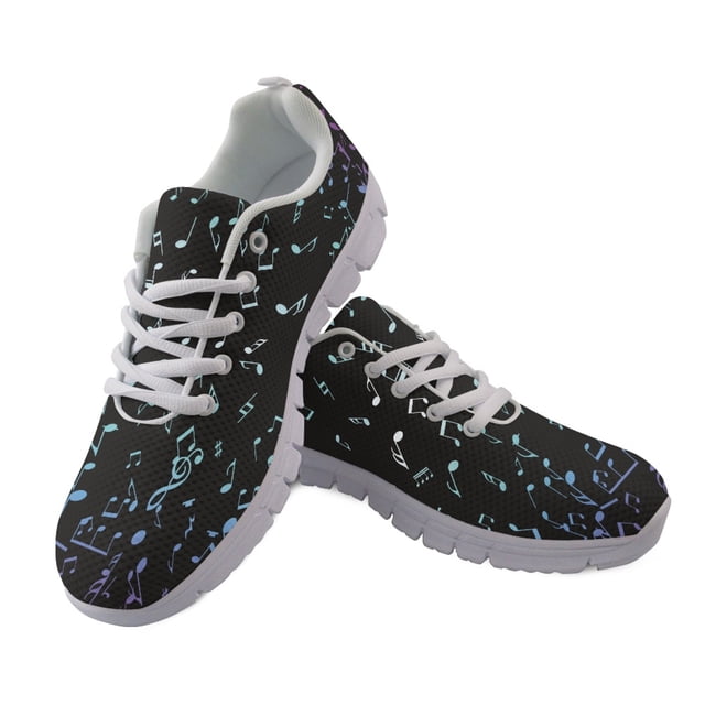 Zapatillas deportivas informales con dibujos de notas musicales negras para mujer, zapatos planos transpirables con cordones, zapatos ligeros para caminar, calzado de moda