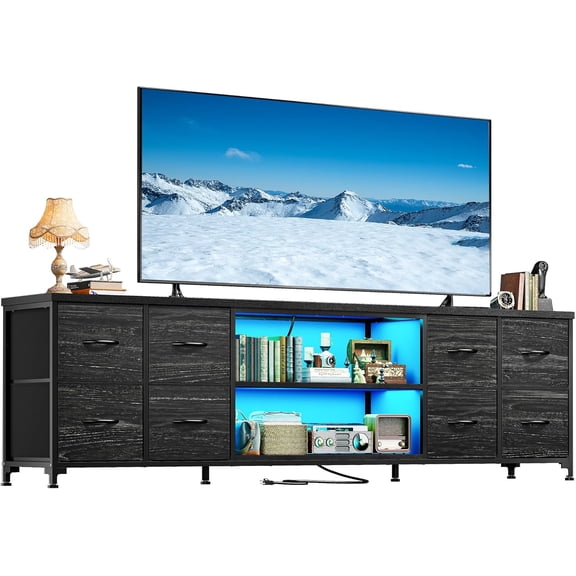 63" W TV Stand for 65 75 Inch with Lights & Power Outlets, TV Stand for Bedroom with 8 Fabric Dresser&Chest of Drawers, TV Stand With Storage As Entertainment Center for Living Room, Dorm,Black