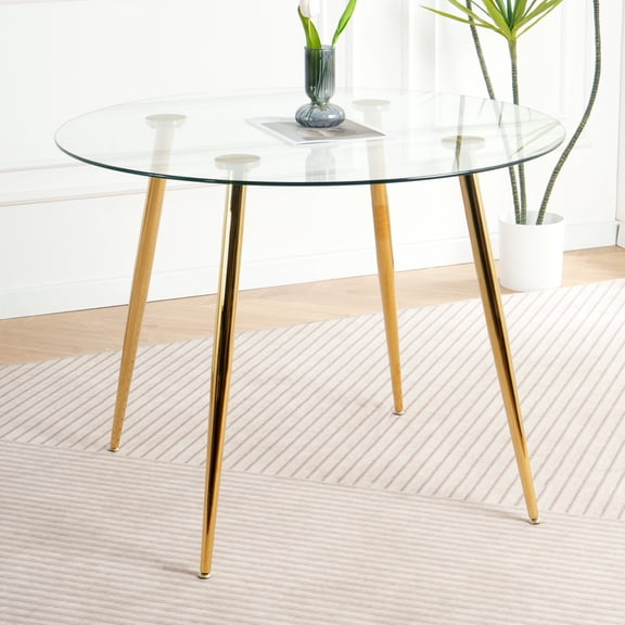 39.4" Modern Minimalist Round Glass Dining Table, Clear Glass Top & Gold-Plated Metal Legs, for Kitchen/Dining/Living Room