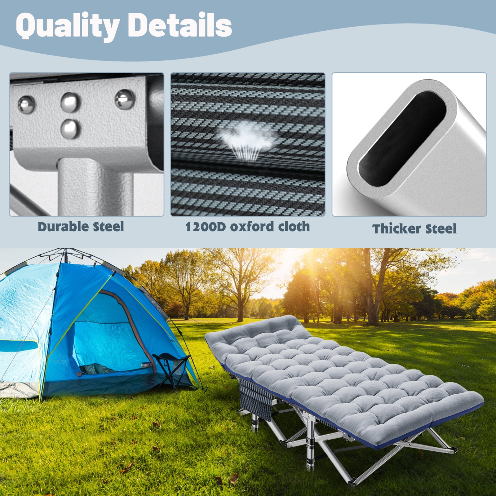 Lit De Camp Pliable Zone Tech - Toile Grise, Cadre Acier, Avec Matelas, Neuf