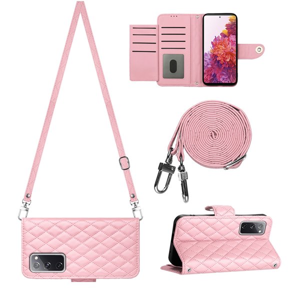 for Samsung Galaxy S20 FE Wallet Case, Elegant Card Holder Cash Slot PU Leather Kickstand Shoulder Strap Shockproof Protective Flip Women Girls Case Cover for Samsung Galaxy S20 FE, Pink