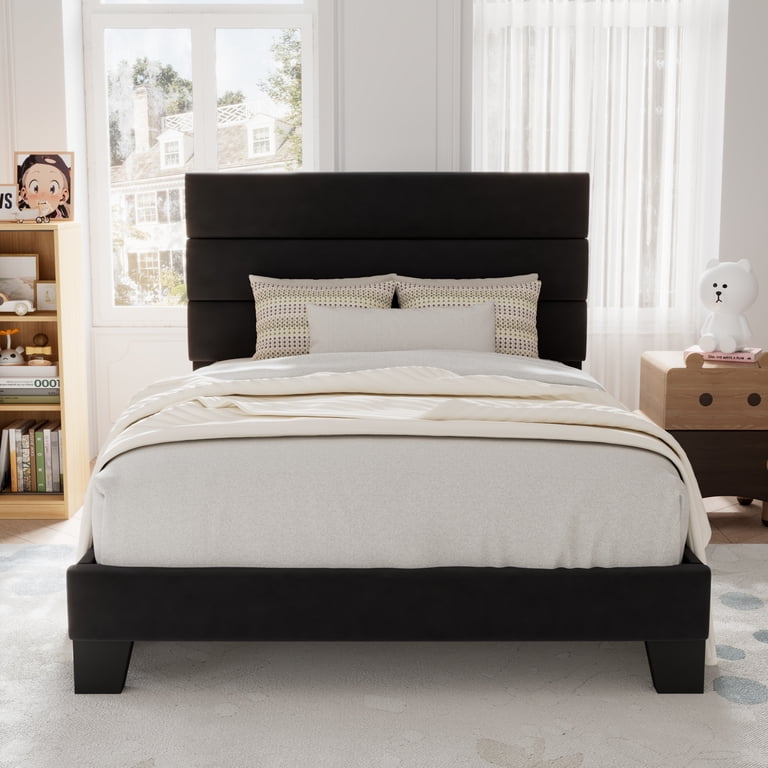 Allewie Twin Platform Bed, Velvet Upholstered Headboard photo 1