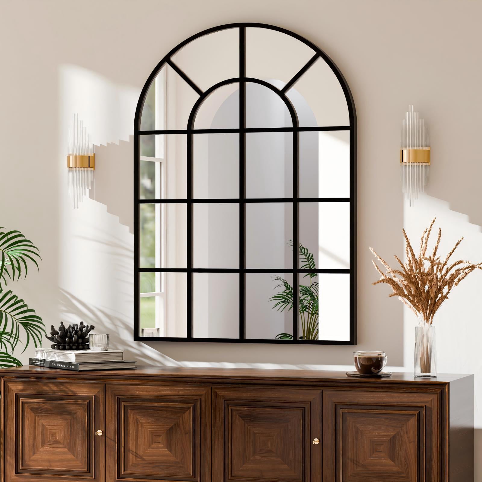 BEAUTYPEAK 30"x40" Arched Windowpane Mirror Bathroom Mirror Wall Mirror,Black