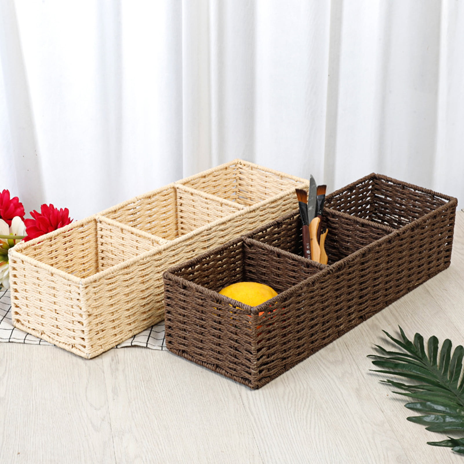 Vintage 3 Grids Seagrass Storage Basket Handmade Woven Box Fruit Snack Organizer