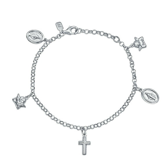 Protection Religious Medal Multi Virgin Mary Cross Angels Dangle Charm Bracelet for Women for Teen .925 Sterling Silver