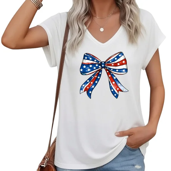 UNISHE Women White American Flag Bow V-Neck T-Shirt Casual S-5XL