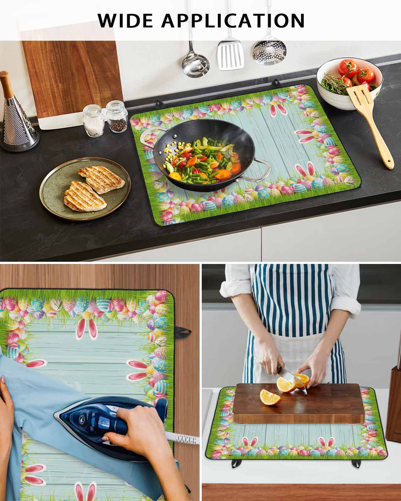 Large Induction Cooktop Protector Mat Easter Stove Top Covers for Electric Stove, Spring Rabbit Ears Colorful Eggs Wooden Grian Decorative Stove Burner Cover Mats, Glass Top Stove Cover
