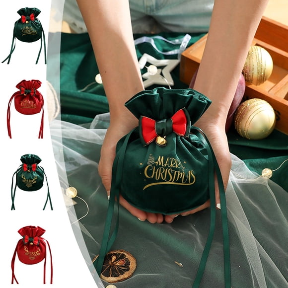 Cagogo under $5 4Pcs Velvet Christmas Gift Bag, Christmas Gift Bag,Velvet Christmas Apple Bag,Christmas Eve Candy Box,Fruit Velvet Flap Pocket,Drawstring Holiday Packaging,Festive Red Green Design