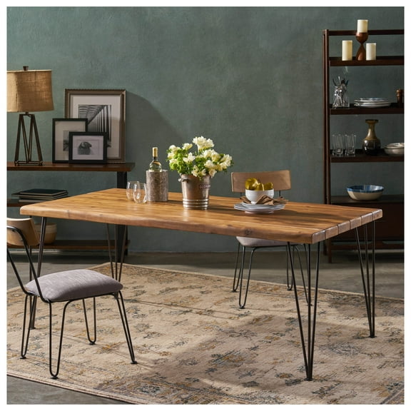 ZION Industrial Dining Table - 72" Rectangular Wood & Metal Table - Indoor/Outdoor Use - Rustic Teak Finish - Live Edge - Modern Farmhouse Kitchen Table Teak Wood