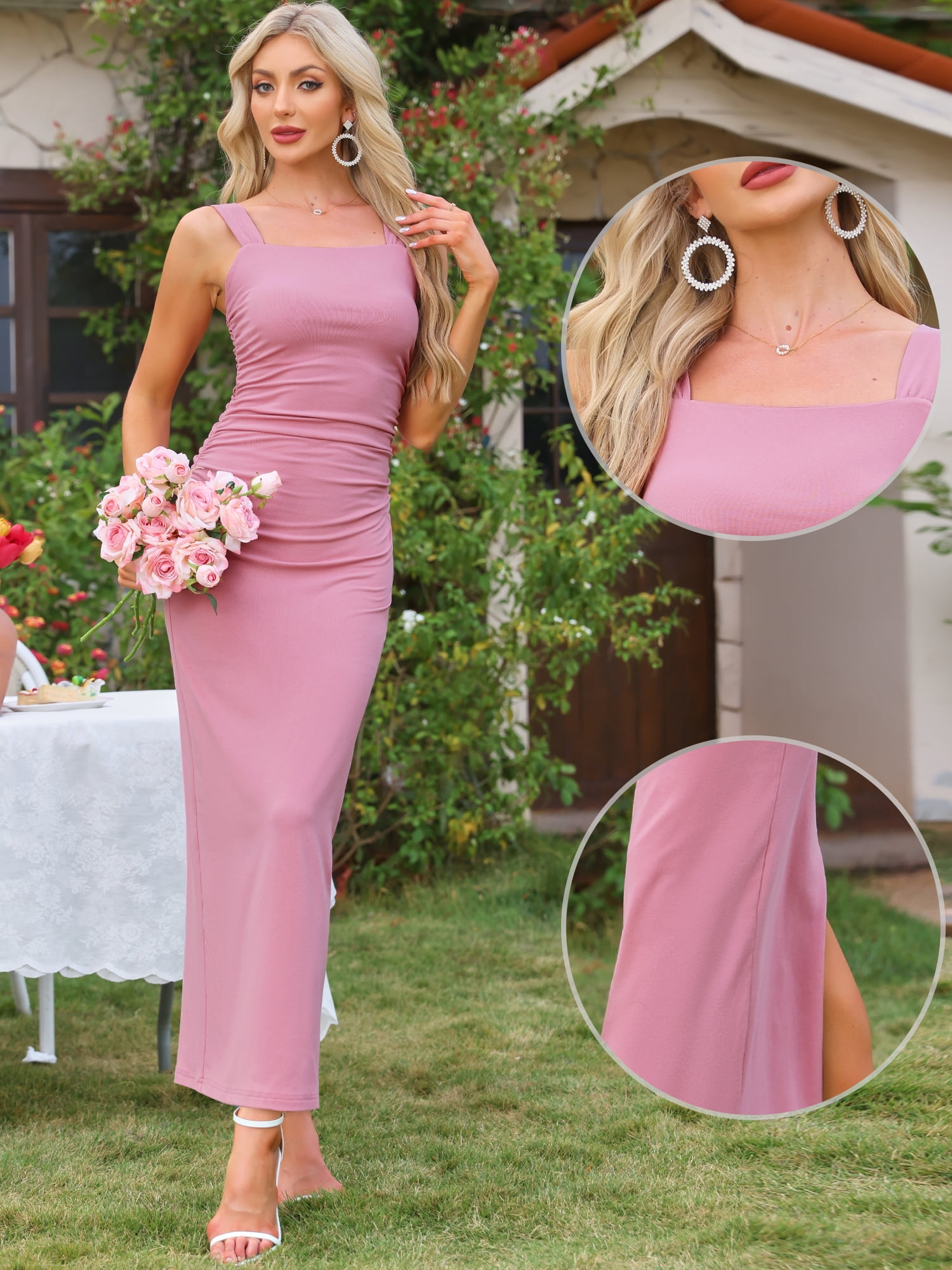 DARING DIVA Women's Ruched Slit Hem Sleeveless Maxi Dress S Pink