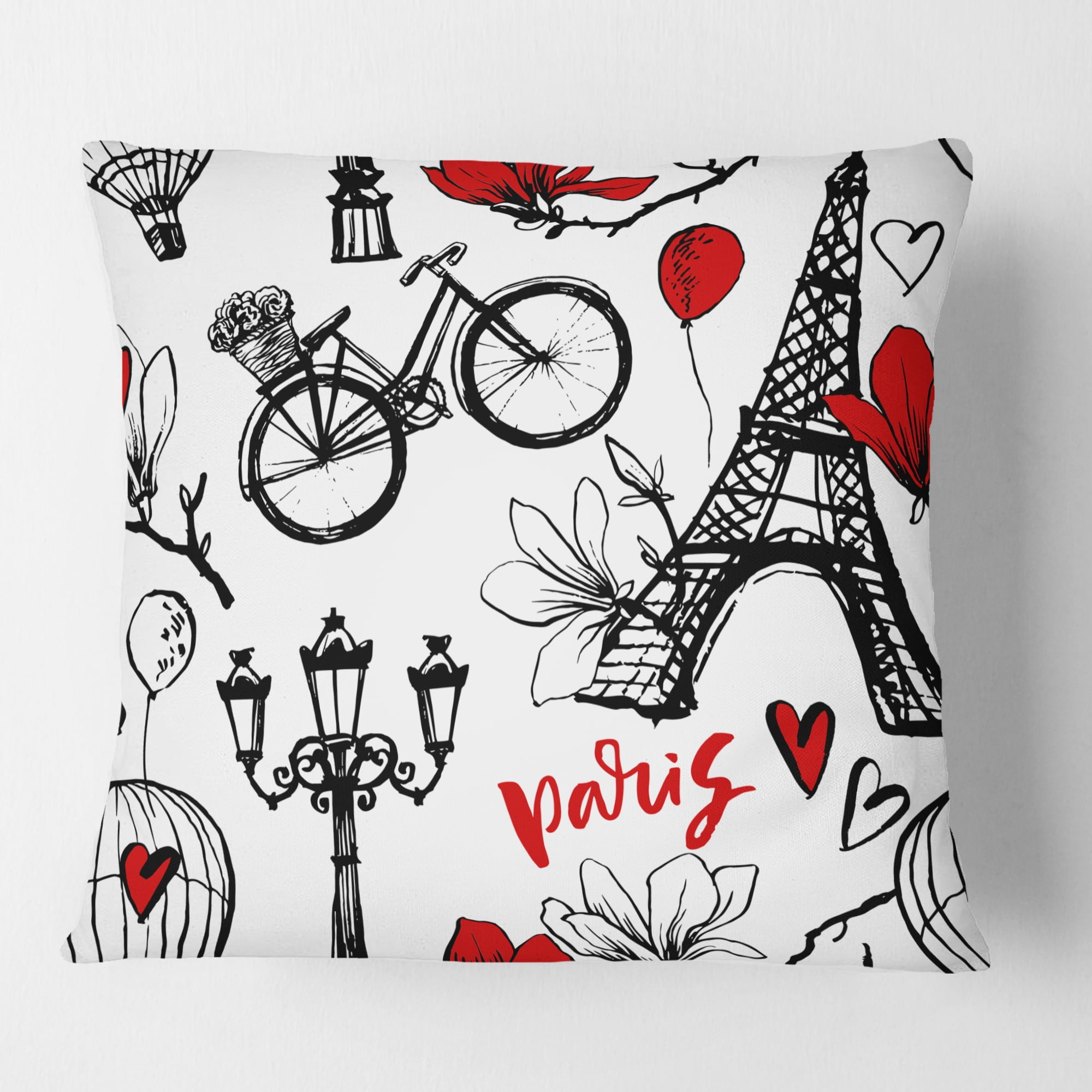 Designart Paris Eiffel Red Hearts I' Mid-Century Modern Throw Pillow - 18x18