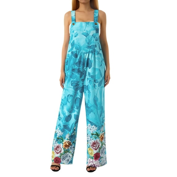 Sedceaty Women Casual Bodysuit, Floral Printed Wide Leg Sleeveless Loose Sling Long Jumpsuit