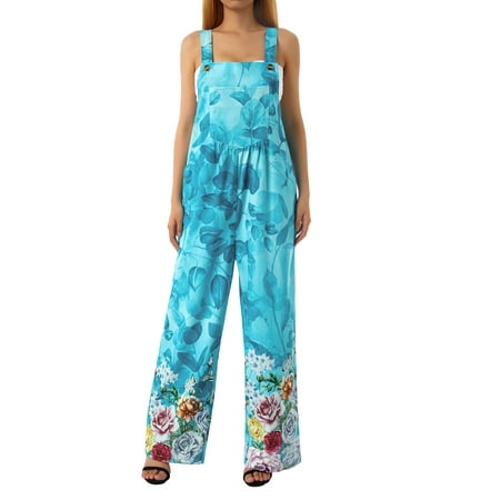 

LSFYSZD Womens 2022 Fashion Floral Printed Jumpsuits Casual Sleeveless Spaghetti Strap Rompers Wide Leg Pants with Two Pockets