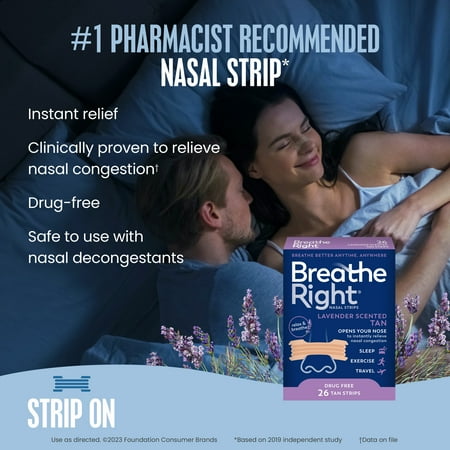 Breathe Right Nasal Strips, Lavender, Nasal Congestion Relief due to Colds & Allergies, Drug-Free, 26 count