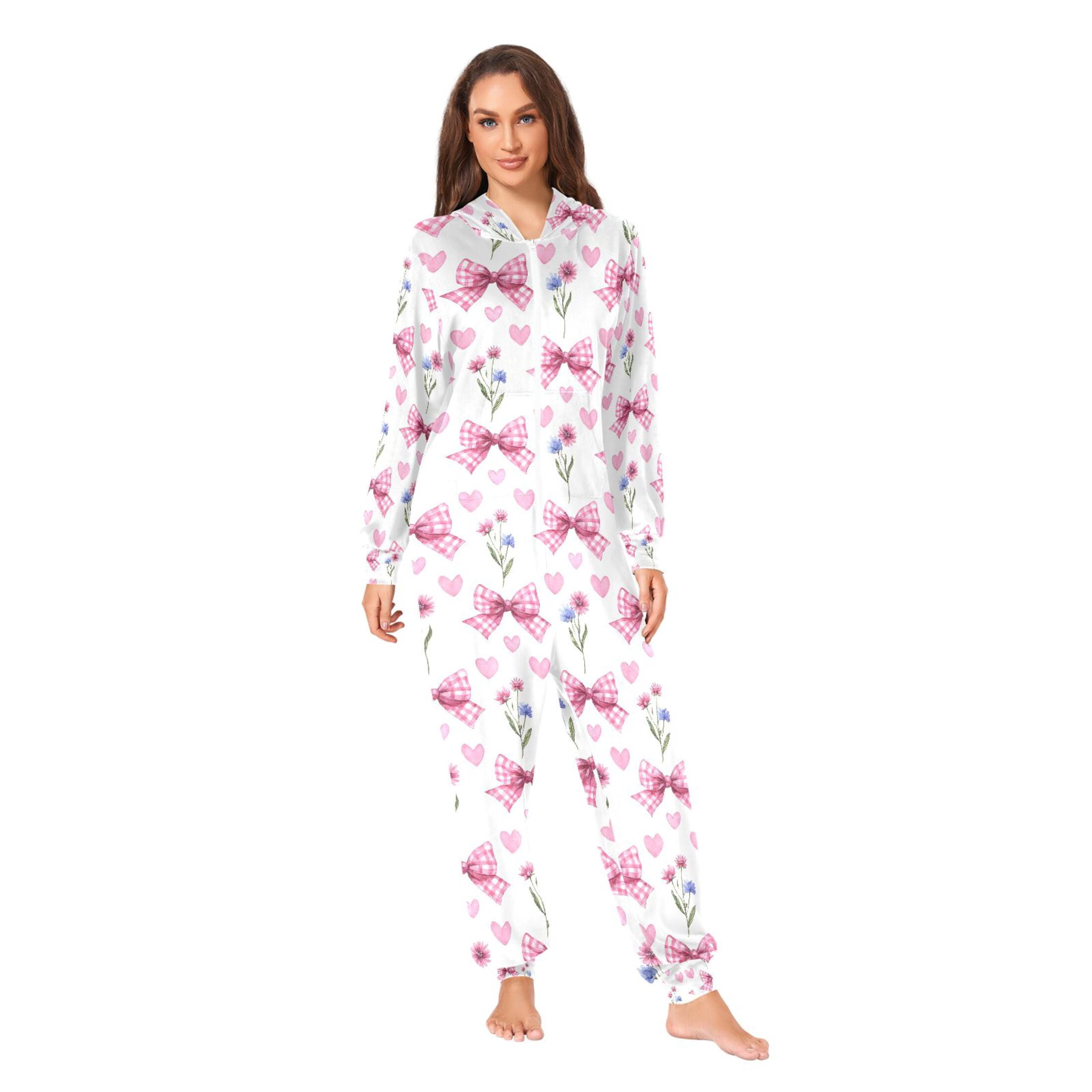 Adult Christmas Onesie Plaid Bow Heart Flower Adult Zipper One-Piece Pajamas Unisex Pajamas with Pockets