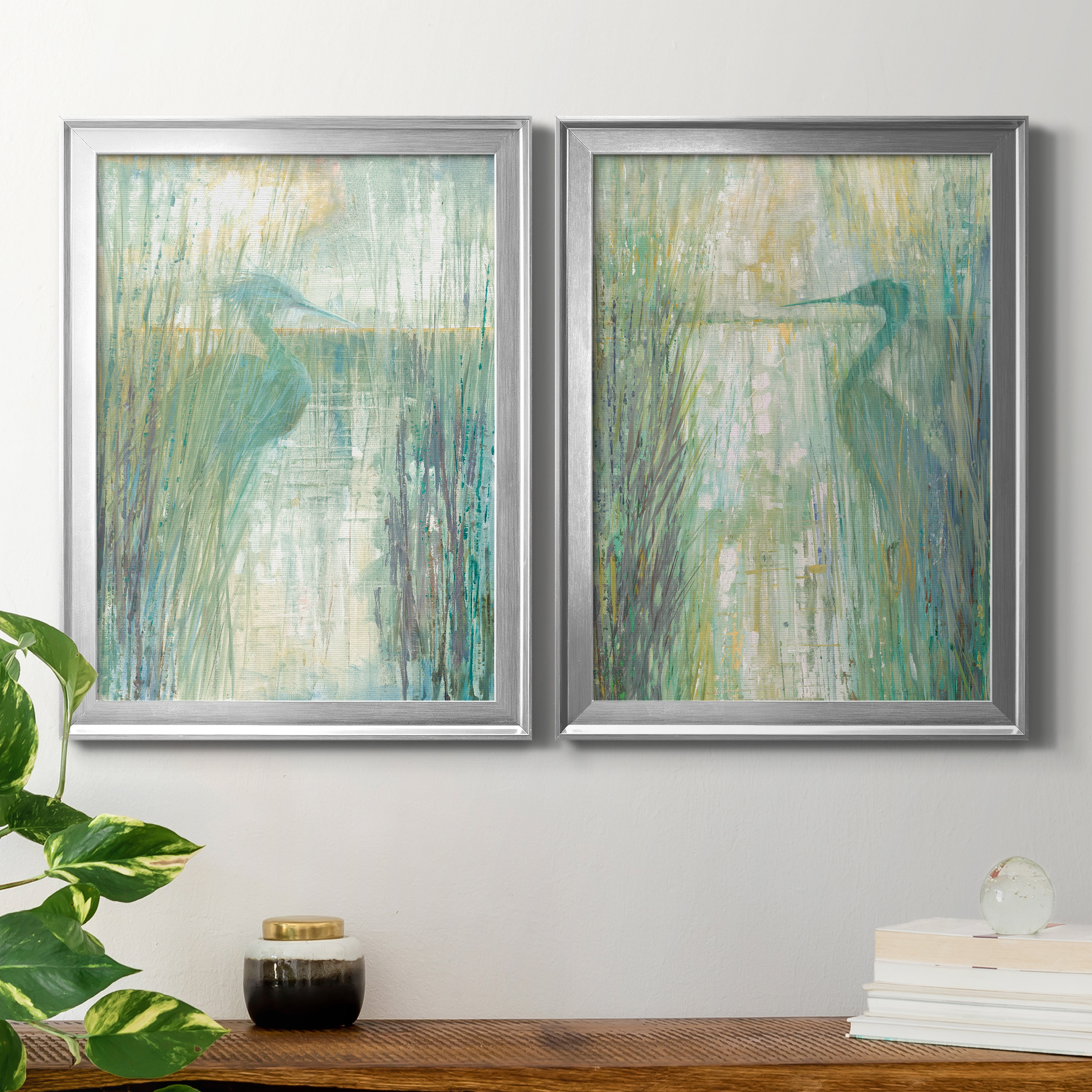 2 Piece Set Morning Egret I Premium Framed Canvas - Ready to Hang - 22.5 x 30.5 Each - Silver Frame