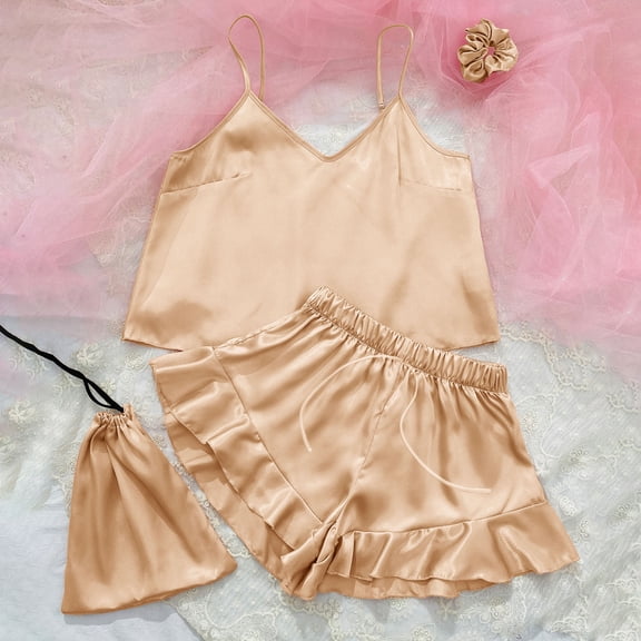 Jacenvly Womens Pajamas Light Breathable Womens Silk Pajamas Set Solid Pullover Sleeveless Tops Shorts Set Home Wear Sleepwear Beige