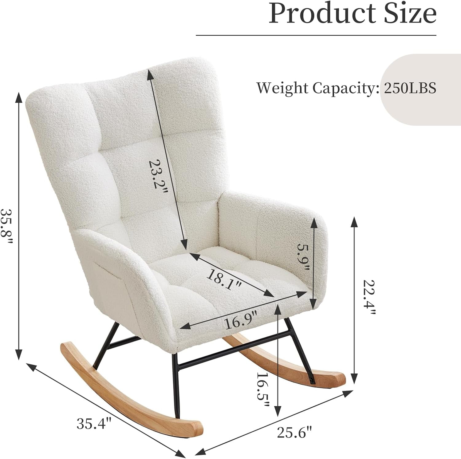 Teddy Fabric Nursery Rocking Chair w/ High Backrest & Side Pockets, Glider for Breastfeeding, Living Room