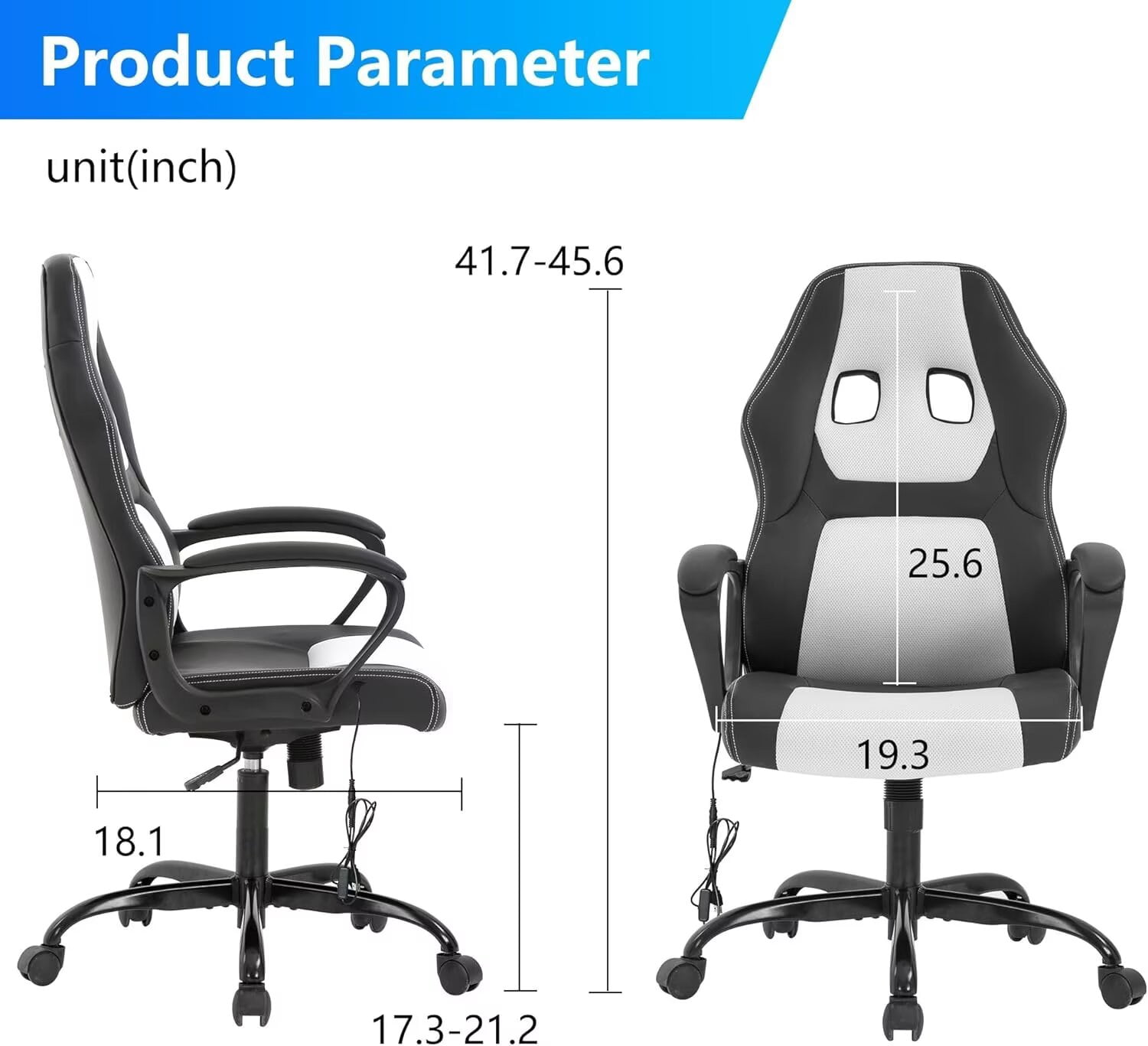 YRLLENSDAN Adjustable Gaming Chair Ergonomic Leather with Massager, Rolling Home Office Desk Chairs With Armrest and Lumber Support, Comfortable Computer Chair with Wheels for Adults, White