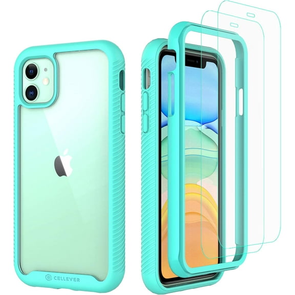 CellEver Clear Full Body Case for iPhone 11, Heavy Duty Protection with Anti-Slip TPU Bumper and [2 Tempered 9H Glass Screen Protectors] Shockproof Transparent Phone Cover 6.1 Inch (Mint)
