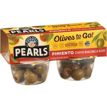 Pearls Pimiento Stuffed Spanish Green Olives, 4 Pack, 1.6 oz. Cup. No Major Allergens Contained.