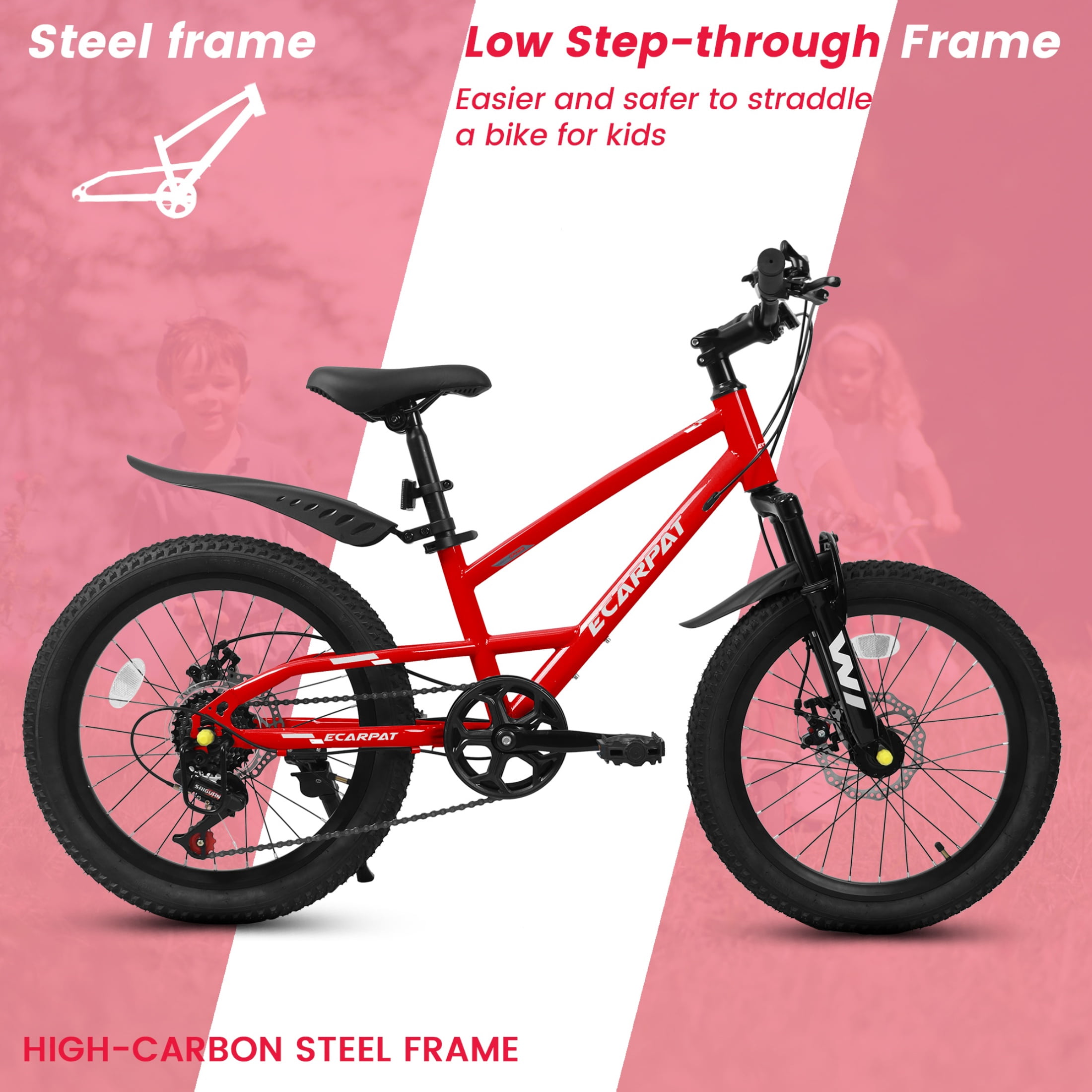 QEEKA 20 Inch Kids Mountain Bike，4.0"/2.125" Wide Non-Slip Tires,7-Speed with Front Suspension,Dual Disc Brakes and Steel Frame,Kids MTB Bicycle for Ages 6-12 Years Old,Red