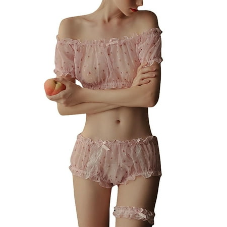 

YDKZYMD Pink Womens Lingerie Sexy off the Shoulder Top Mesh Leg Garter Mesh Sexy Bra and Panty Set 3 Piece Average Size