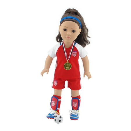 18 Inch Doll Clothes | Team USA 8 Piece Value Pack Doll Soccer Uniform, Including Shirt, Shorts, Socks, Ball, Shin Guards, Headband, Soccer Shoes/Cleats and Realistic Gold Medal! | Fits American