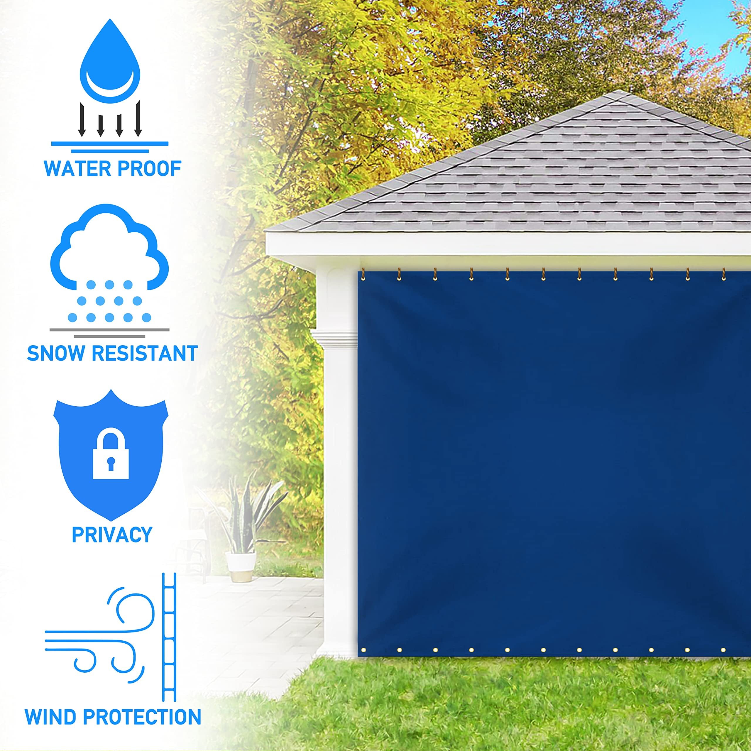 COVERS&ALL Outdoor Vinyl Curtain, 18 Oz Tarp Tuff Waterproof & UV Resistant Material with Rustproof Grommets, Multipurpose Ideal for Outdoors and Indoors (4' H x 7' W Feet, Blue)