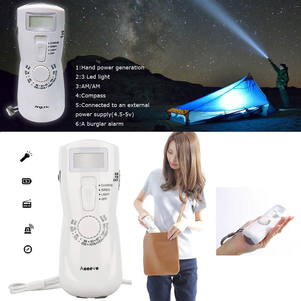 Alomejor Self-powered Flashlight Portable AM/FM Radio with Built-in LED Torch and USB Charging Cable for Walking Hiking Camping 