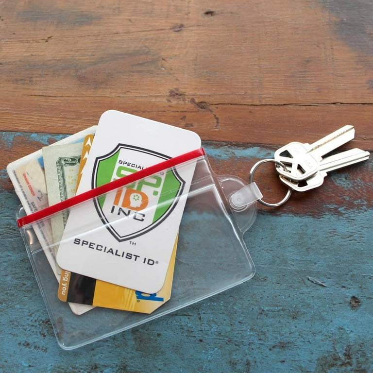 5 Pack - Heavy Duty Fuel Card/Id Badge Holders with Keyring - Holds Two Cards - Clear Rigid Plastic ID Holder Keychain - Attach Keys & Protect