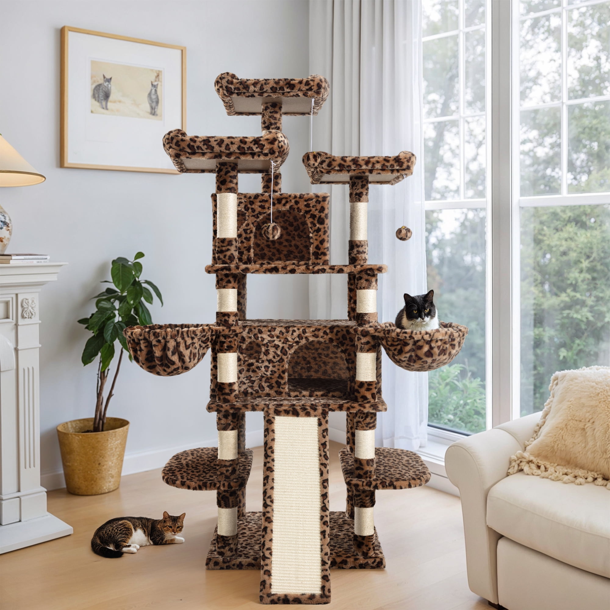 Einfach 68" X-Large Cat Tree and Tower with Condo Houses, Scratching Board & Posts for Indoor Cat, Leopard Print