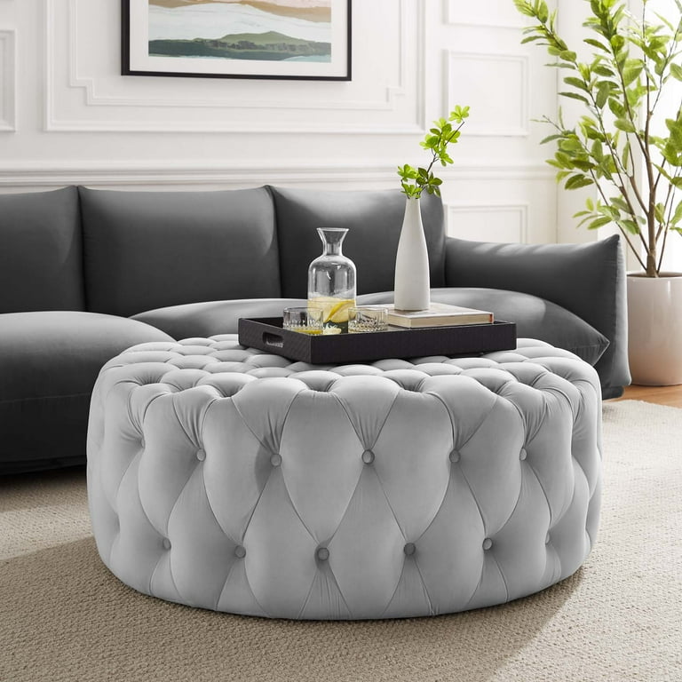 Round Ottoman Accent Tufted Chair Grey Gray, Velvet, Modern
