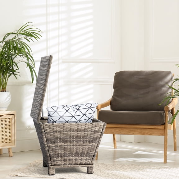 XIlee Outdoor Wicker Side Table with Storage Patio Rattan End Table Small Resin Container Brown Gradient Rattan Design - All-Weather, Sturdy Steel Frame - Patio Storage Bin
