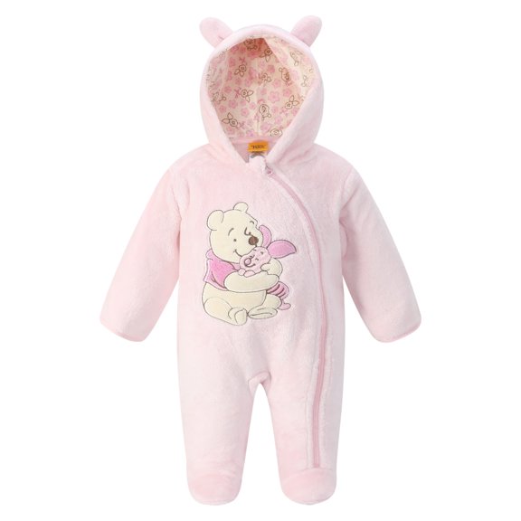 Disney Clothes Baby Girls Pram One-Piece – Winnie the Pooh Soft Hooded Cozy Outfit Lt Pink 3/6M