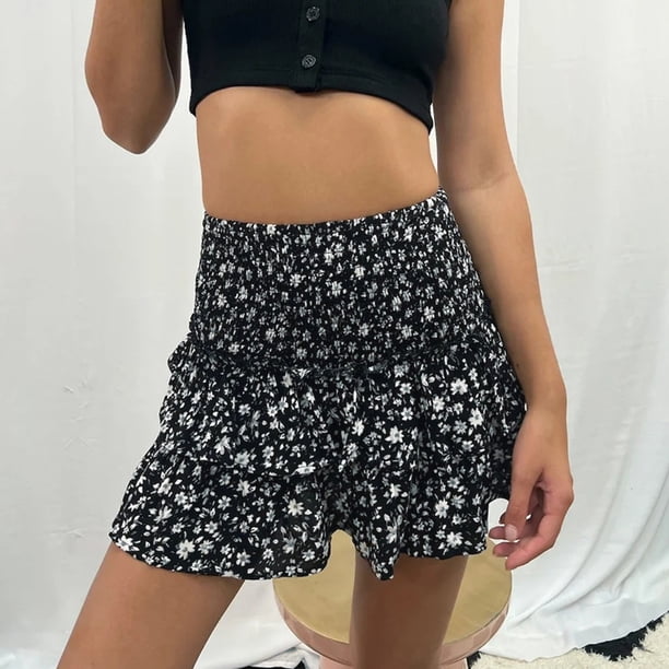 Falda Corta De Verano Para Mujer Bolsa Falda a la cadera Estampado floral Plisado Cintura alta Vacaciones Vacaciones (Negro S) Cgtredaw Para estrenar