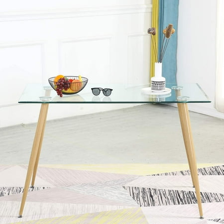 Modern Glass Dining Table Rectangular Glass Dining Table-Tempered Glass Table Top with Sturdy Metal Legs for Dining Room, Kitchen Table